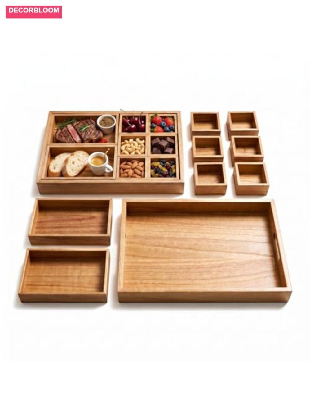 Natural Paulownia Wood Serving Tray 9-Compartment with Handles